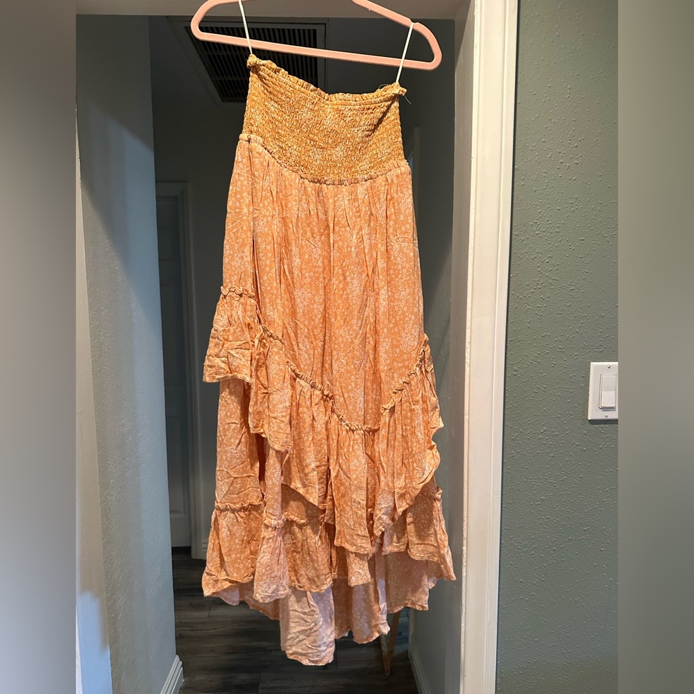 High Low Strapless Floral Midi Dress